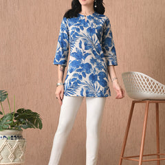 Nature Blue Pure Cotton Casual 3/4th Sleeves Top for women