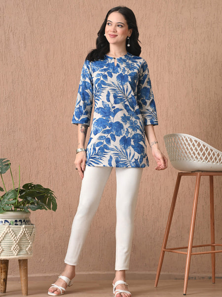 Nature Blue Pure Cotton Casual 3/4th Sleeves Top for women