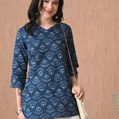 Navy Blue Batik Pure Cotton Casual 3/4th Sleeves Top for women
