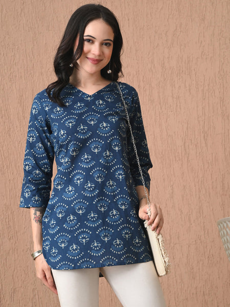 Navy Blue Batik Pure Cotton Casual 3/4th Sleeves Top for women