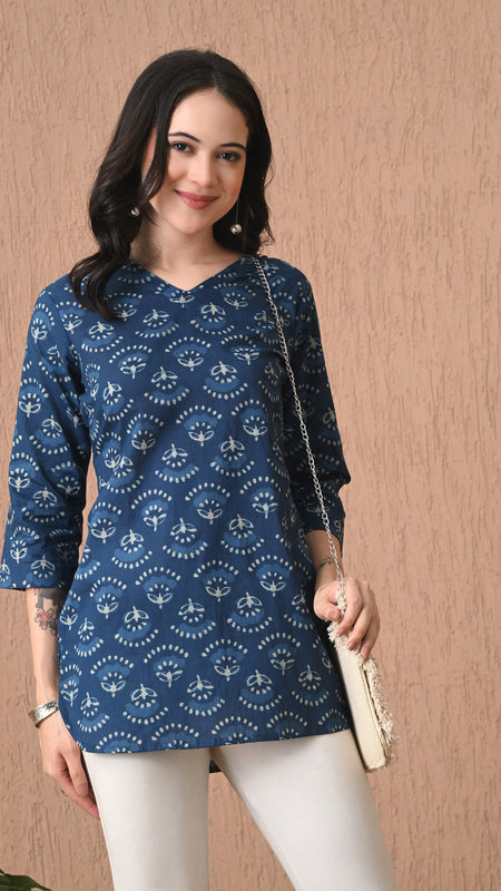 Navy Blue Batik Pure Cotton Casual 3/4th Sleeves Top for women
