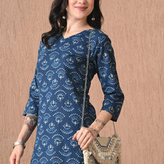 Navy Blue Batik Pure Cotton Casual 3/4th Sleeves Top for women