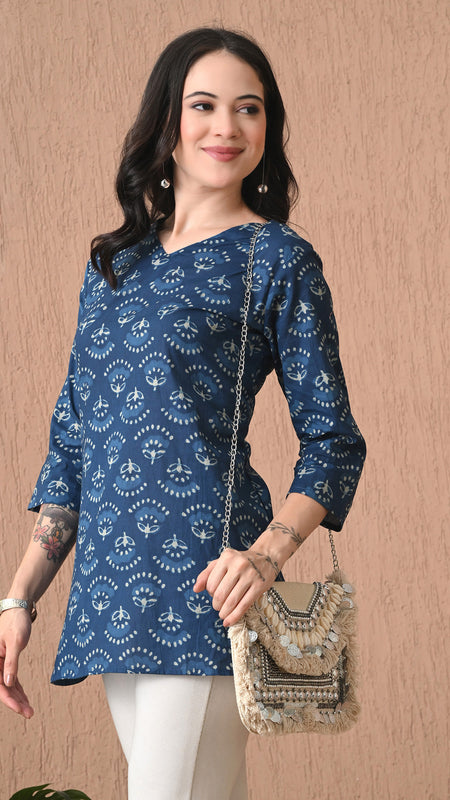 Navy Blue Batik Pure Cotton Casual 3/4th Sleeves Top for women
