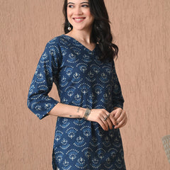 Navy Blue Batik Pure Cotton Casual 3/4th Sleeves Top for women