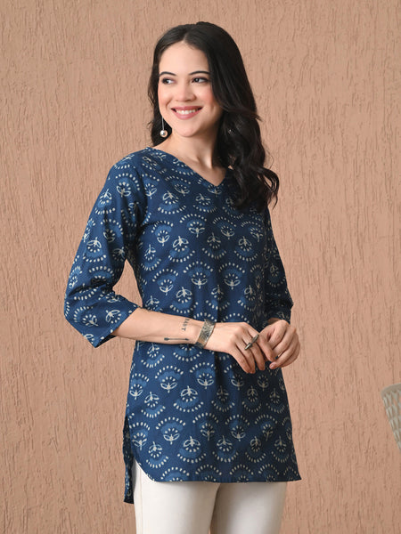Navy Blue Batik Pure Cotton Casual 3/4th Sleeves Top for women