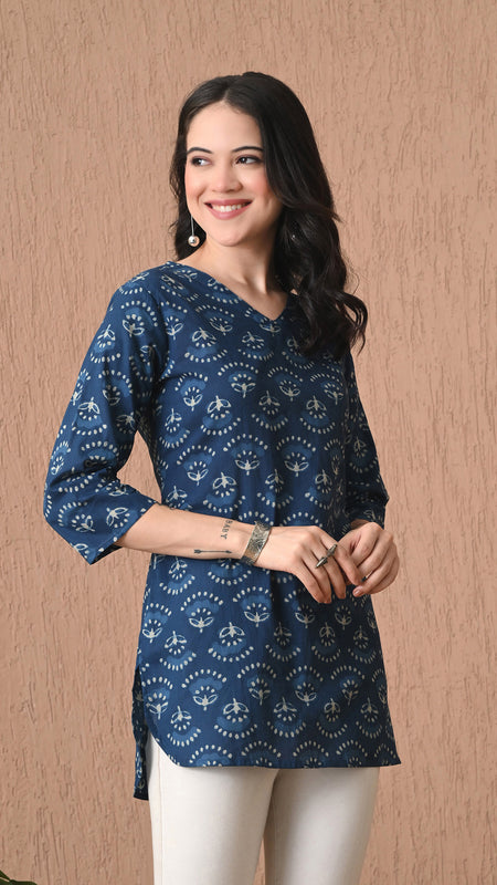 Navy Blue Batik Pure Cotton Casual 3/4th Sleeves Top for women