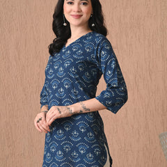 Navy Blue Batik Pure Cotton Casual 3/4th Sleeves Top for women