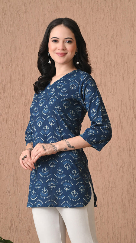 Navy Blue Batik Pure Cotton Casual 3/4th Sleeves Top for women