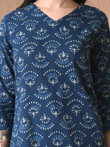 Navy Blue Batik Pure Cotton Casual 3/4th Sleeves Top for women