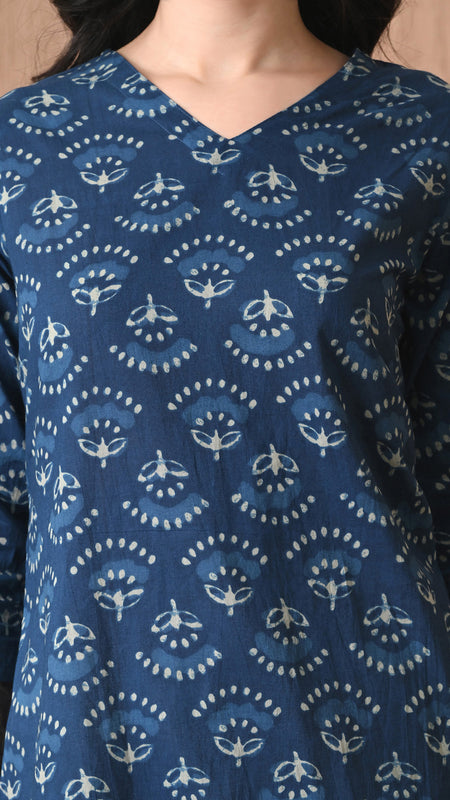 Navy Blue Batik Pure Cotton Casual 3/4th Sleeves Top for women