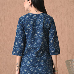 Navy Blue Batik Pure Cotton Casual 3/4th Sleeves Top for women