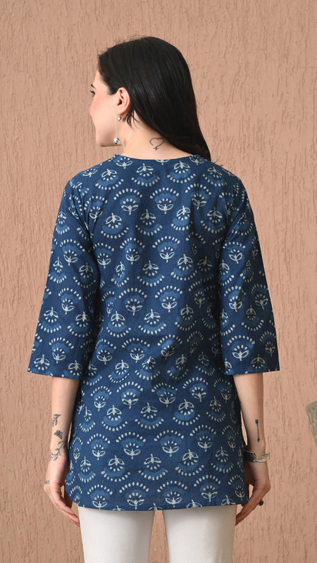 Navy Blue Batik Pure Cotton Casual 3/4th Sleeves Top for women