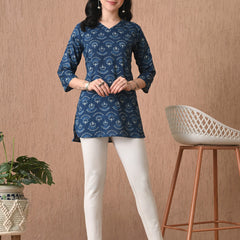 Navy Blue Batik Pure Cotton Casual 3/4th Sleeves Top for women