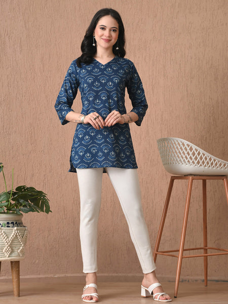 Navy Blue Batik Pure Cotton Casual 3/4th Sleeves Top for women