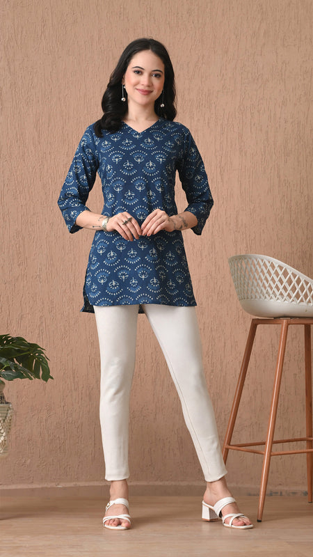 Navy Blue Batik Pure Cotton Casual 3/4th Sleeves Top for women
