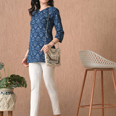 Navy Blue Batik Pure Cotton Casual 3/4th Sleeves Top for women