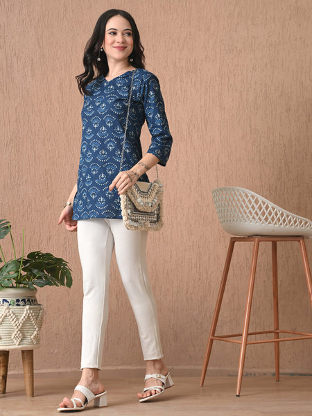 Navy Blue Batik Pure Cotton Casual 3/4th Sleeves Top for women