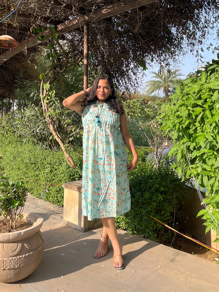Pista Green Pure Cotton Casual A-Line Sleeveless Dress