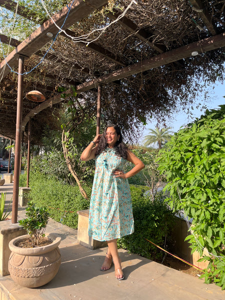 Pista Green Pure Cotton Casual A-Line Sleeveless Dress