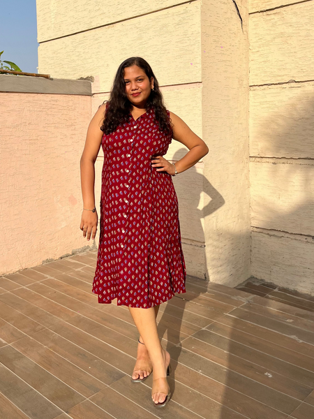 Maroon Premium Rayon Casual A-Line Sleeveless Dress