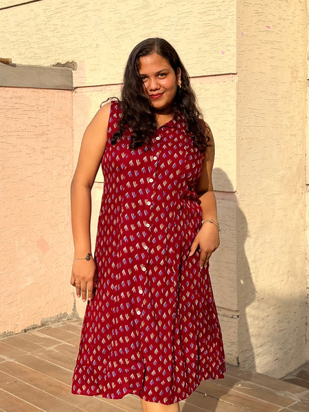 Maroon Premium Rayon Casual A-Line Sleeveless Dress
