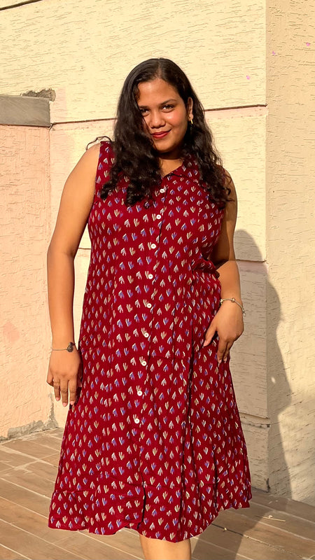 Maroon Premium Rayon Casual A-Line Sleeveless Dress