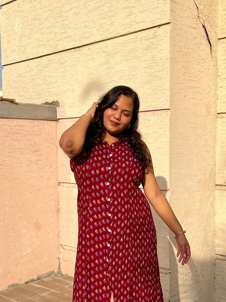 Maroon Premium Rayon Casual A-Line Sleeveless Dress