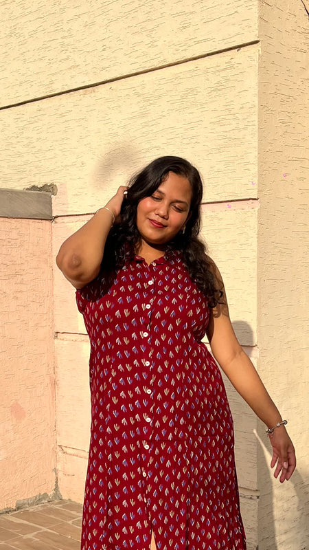 Maroon Premium Rayon Casual A-Line Sleeveless Dress
