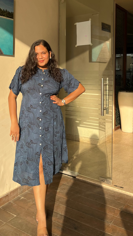 Teal Blue Premium Crape Casual A-Line Half Sleeves Premium Crape Dress For Women