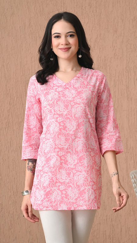 Pink Jaal Cotton Casual 3/4th Sleeves Top for women