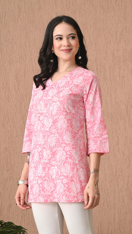Pink Jaal Cotton Casual 3/4th Sleeves Top for women