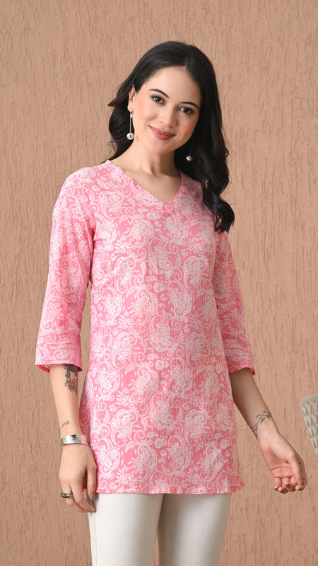 Pink Jaal Cotton Casual 3/4th Sleeves Top for women