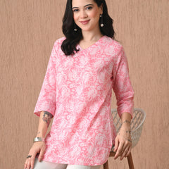 Pink Jaal Cotton Casual 3/4th Sleeves Top for women