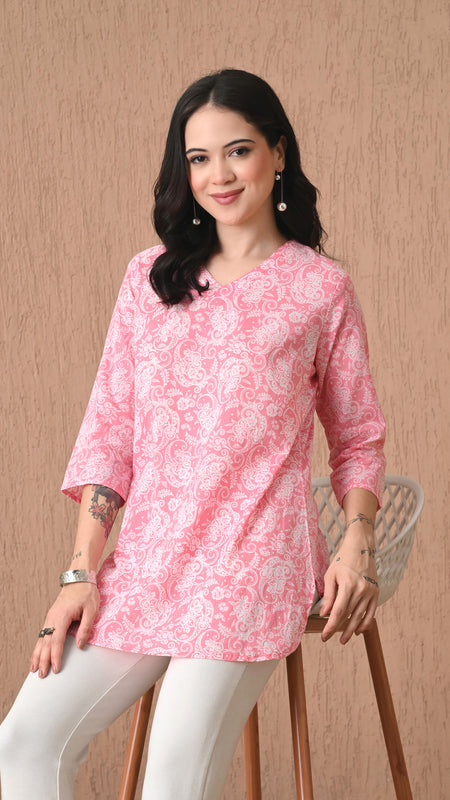Pink Jaal Cotton Casual 3/4th Sleeves Top for women
