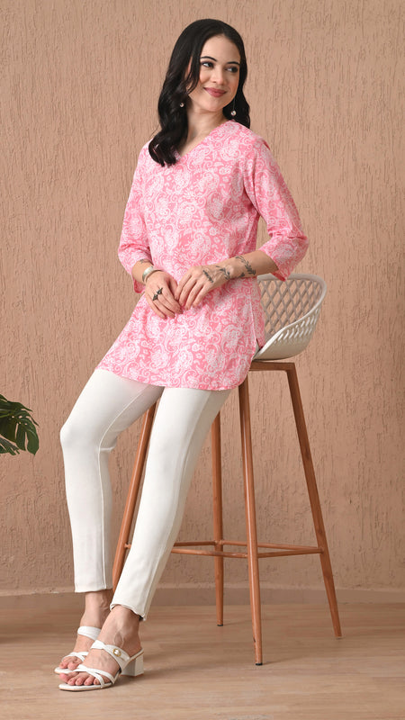 Pink Jaal Cotton Casual 3/4th Sleeves Top for women
