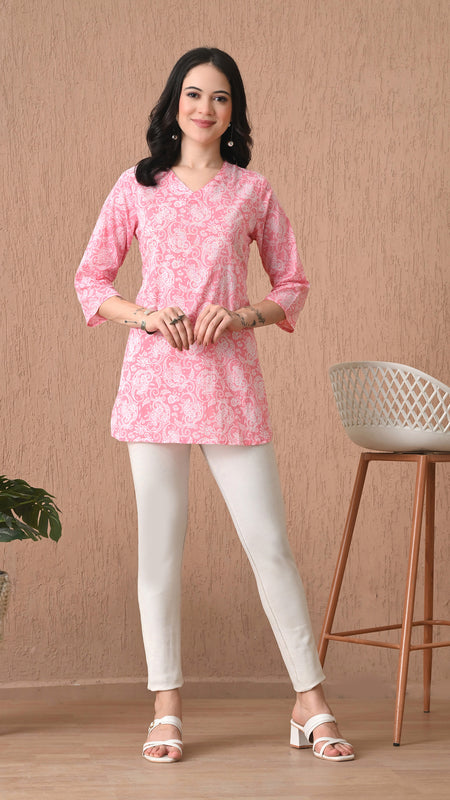 Pink Jaal Cotton Casual 3/4th Sleeves Top for women
