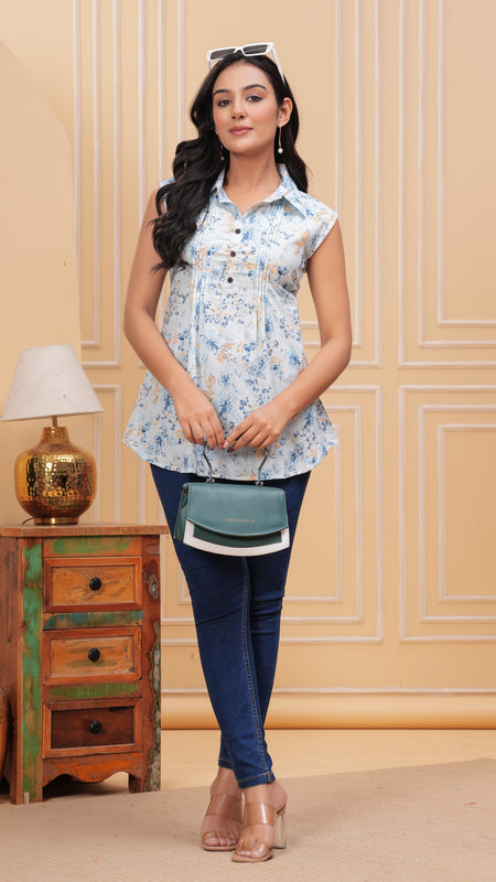 Sky Blue Pure Cotton Casual A-Line Sleeveless Top With Pair of Half Sleeves Attached