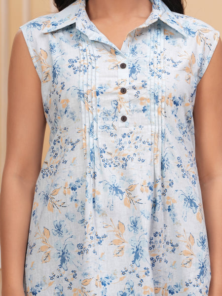 Sky Blue Pure Cotton Casual A-Line Sleeveless Top With Pair of Half Sleeves Attached