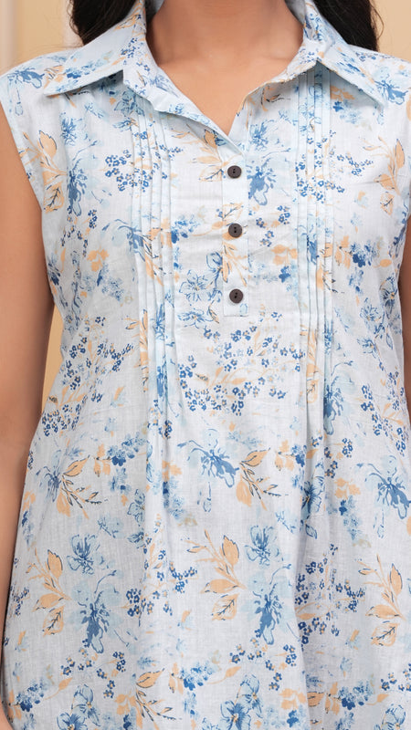 Sky Blue Pure Cotton Casual A-Line Sleeveless Top With Pair of Half Sleeves Attached
