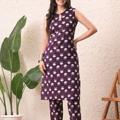 Violet Floral Straight Sleeveless kurta pant set