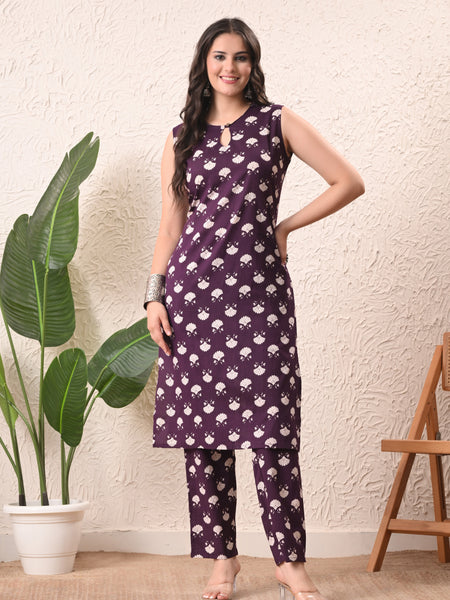 Violet Floral Straight Sleeveless kurta pant set