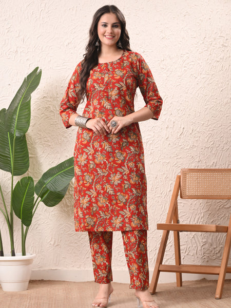 Red Jaal Straight kurta pant set with Sleeves