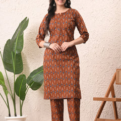 Rust Blue Ikat Straight kurta pant set with Sleeves
