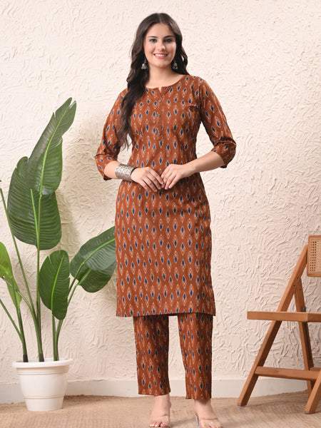 Rust Blue Ikat Straight kurta pant set with Sleeves