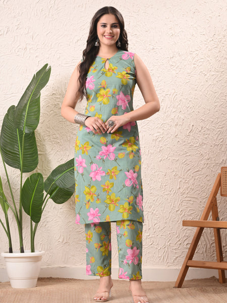 Sage Green Straight Sleeveless kurta pant set