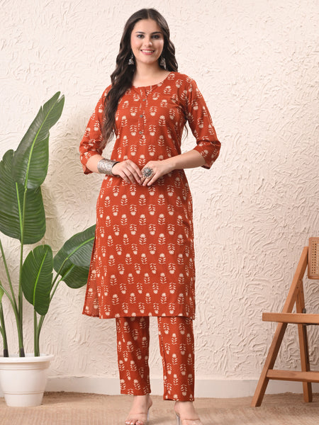 Rustic Floral Straight kurta pant set with Sleeves