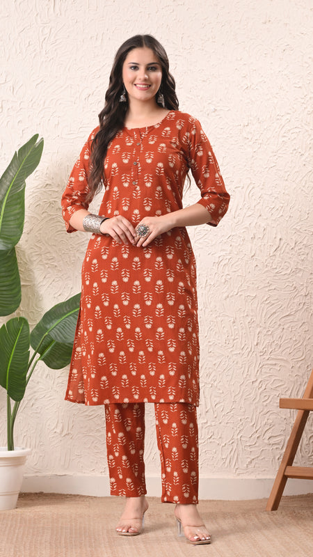 Rustic Floral Straight kurta pant set with Sleeves