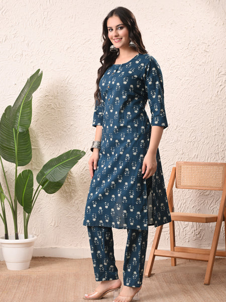 Teal Floral Straight kurta pant set with Sleeves