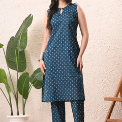 Teal Micro Straight Sleeveless kurta pant set