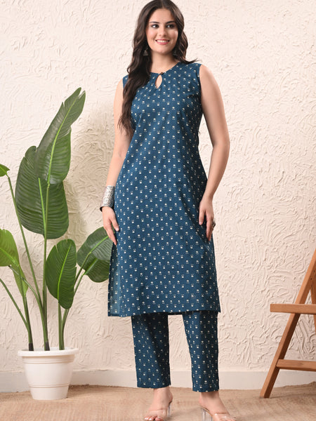 Teal Micro Straight Sleeveless kurta pant set